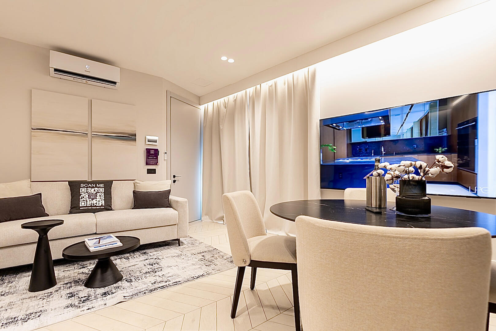 Bright living room with Smart TV and Wi-Fi.